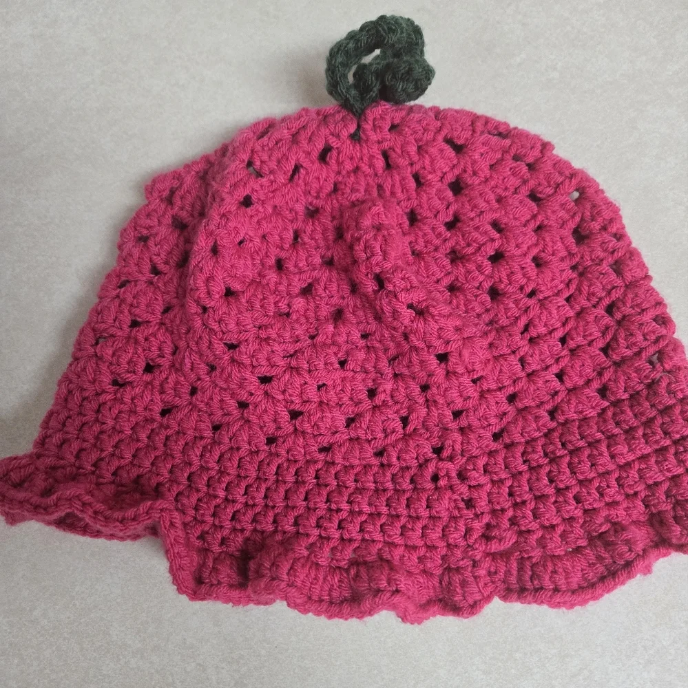 Girl's Raspberry Crochet Bucket Hat - Picture 1 of 15